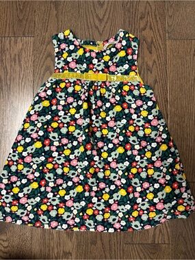 Baby Boden Navy Floral Dress with Yellow Velvet Waist Bow